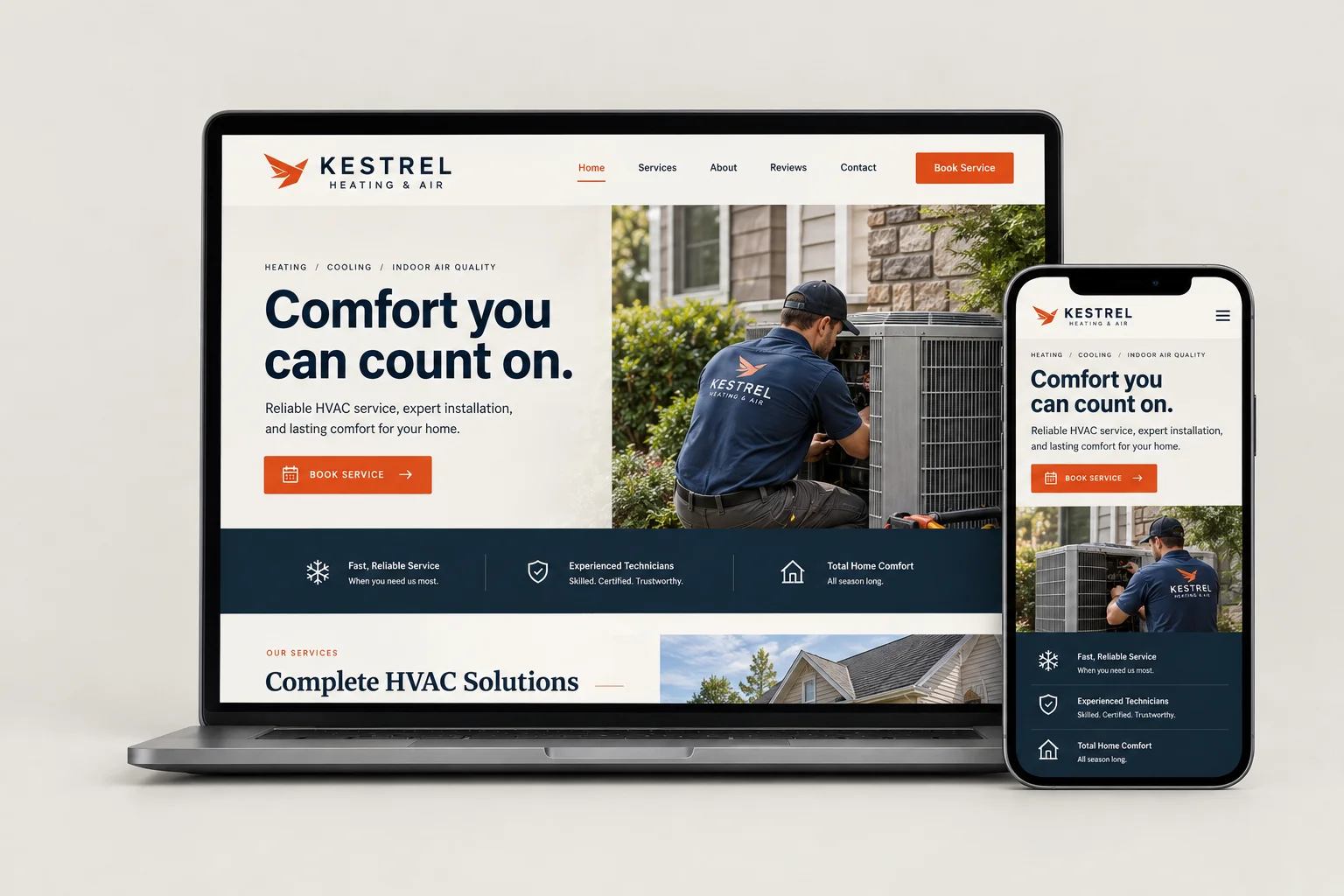 Kestrel Heating & Air: website design shown on a laptop and a phone