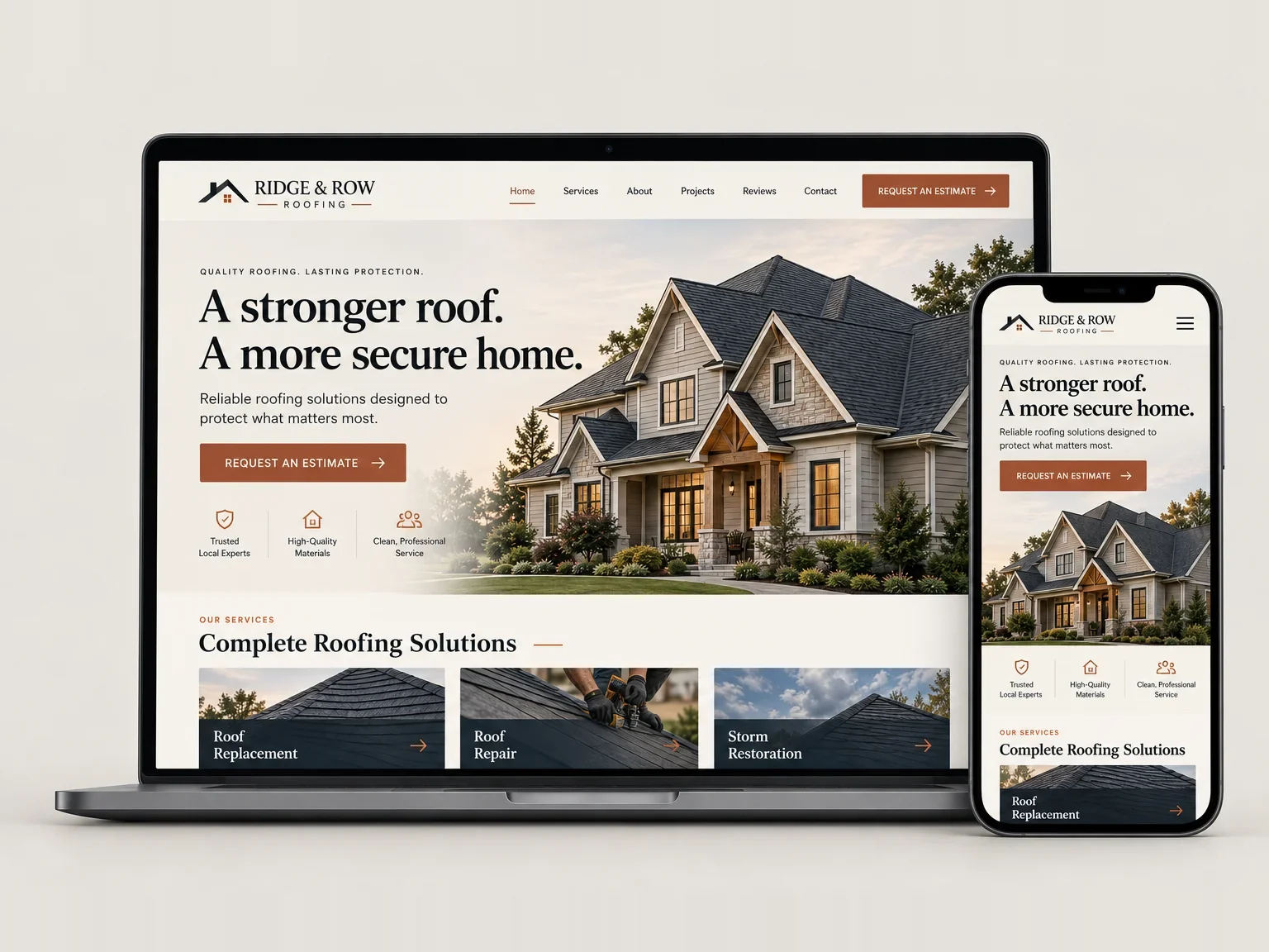 Ridge & Row Roofing: website design shown on a laptop and a phone